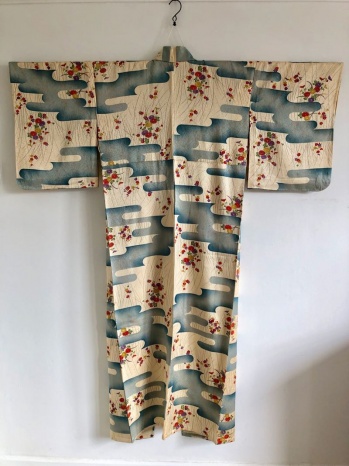 Morning Glory womens creme & state blue beige vintage silk kimono ...